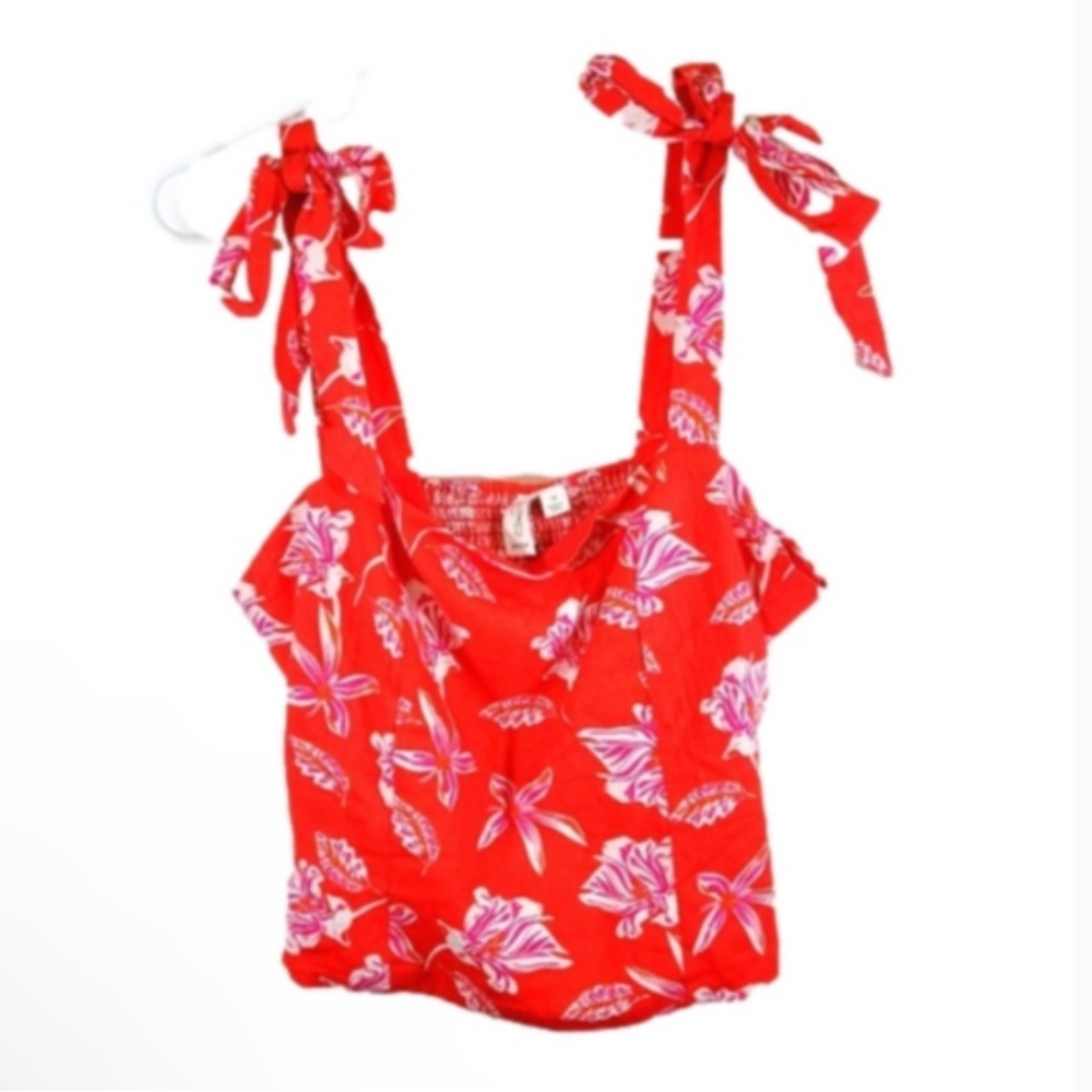 JOIE Orange Red Floral Linen Blend Crop Tie Tank Top Stretch Size 10